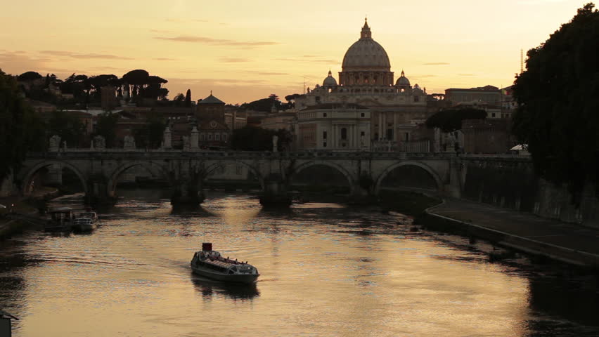 A barge on the Tiber with St Peter's and Ponte Sant'Angelo