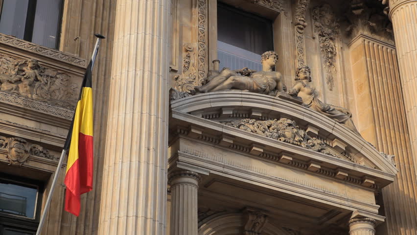 Stock Exchange Building (La Bourse de Bruxelles) in Brussels, Belgium Flag