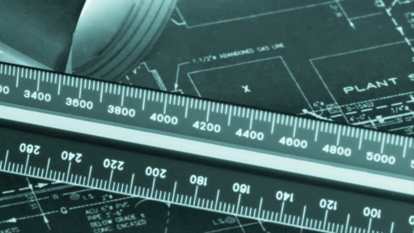 Numerous blueprints and drafting rule