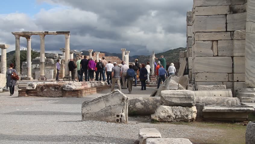 SELCUK, TURKEY - CIRCA NOVEMBER 2012 Ruins of Saint John basilica and tourists 