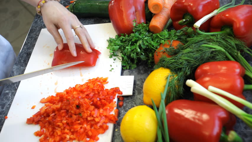 slicing paprika with a chef knife 