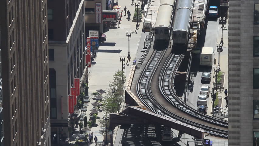 CHICAGO, US - SEPTEMBER 23: L train running on S Wabash Street in the Loop, high angle view. September 23, 2012 in Chicago, USA
