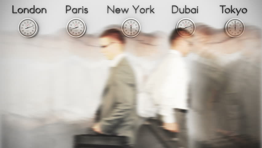 Businessmen Rush Hour with World Clocks on Background, loop