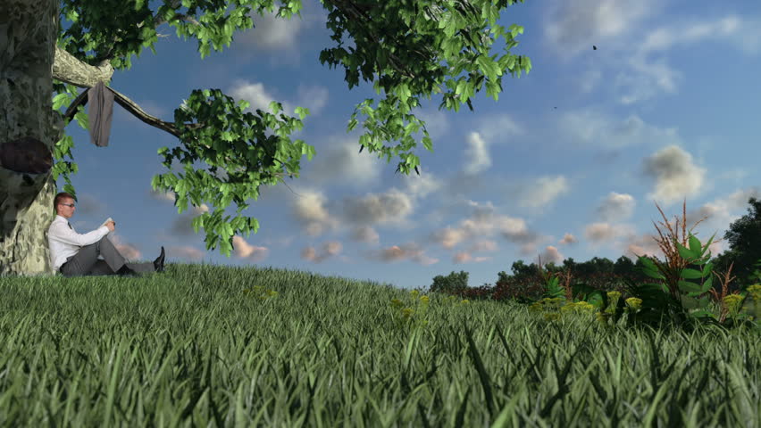 Businessman reading on green meadow, countryside scenery