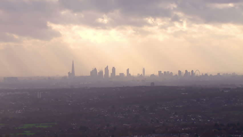 Aerial shot of the London skyline on a hazy autumn morning