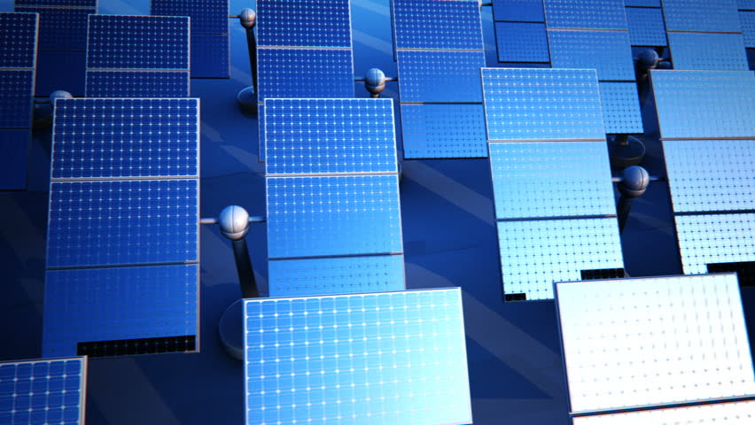 Loopable nimation of sunny solar panels in a solar power station. View from top.