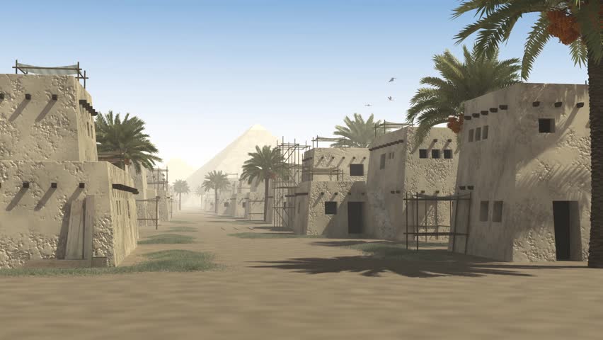 Travel through ancient street with mud huts, palm trees and a pyramid, to be used as architectural background, documenting life in antiquity