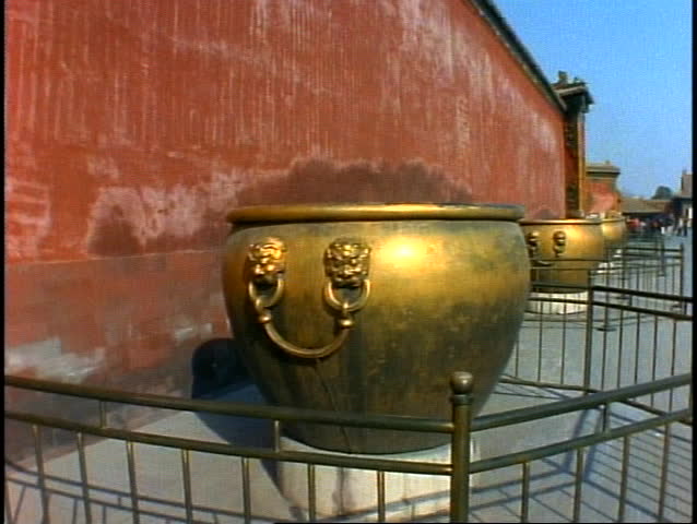 China, Beijing, The Forbidden City, bowls covered in gilt, medium shot