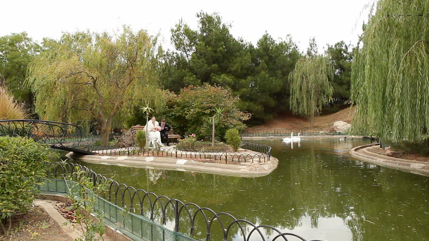Groom and bride are walking on the bridge and kiss.
