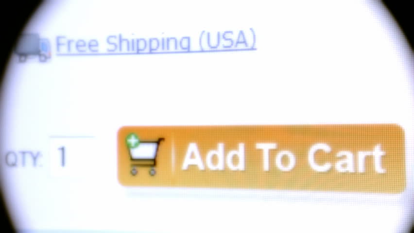 Angled shot of a pc led monitor with a webpage for eCommerce, we see an Add to Cart button. The mouse arrow goes over the button - click - the screen updates.