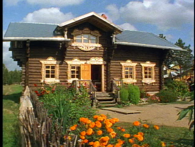Russian Village houses, quaint, colorful, medium shot, still, brown with yellow flowers