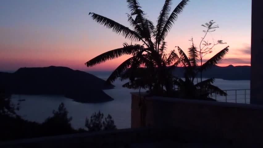 Palms, bay, boat, lights and an island at twilight, zoom in 