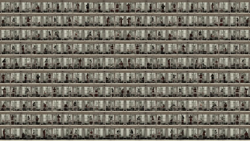 Prisoners serving time in a massive cell block. Composite clip created by putting together multiple videos with still photo elements in After Effects. Clip has been desaturated for dramatic effect.