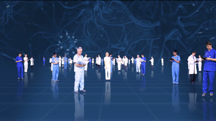 3D fly through montage of medical healthcare professionals using modern wireless technology