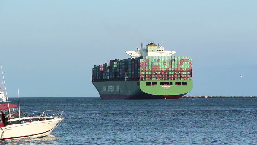 LOS ANGELES - NOV 1: : XIN BEIJING Container ship IMO:9314246 departs the Port of Los Angeles on November 1, 2012