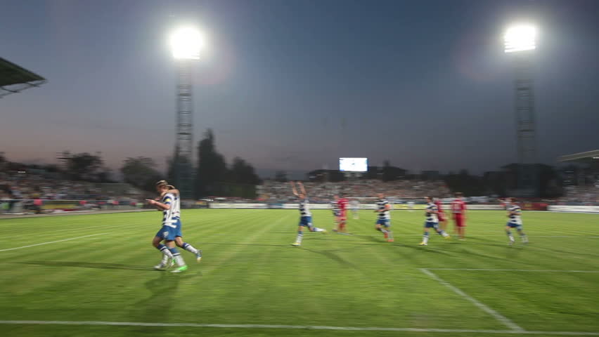 SEVASTOPOL, UKRAINE - MAY 2, 2013: Penalty kick. Goal!!! Soccer match between Sevastopol - STEEL. Stadium of Sevastopol.