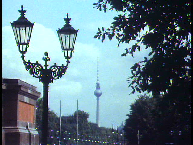 East Berlin, Germany 1988, wide shot, television tower, buildings, no people, bleak