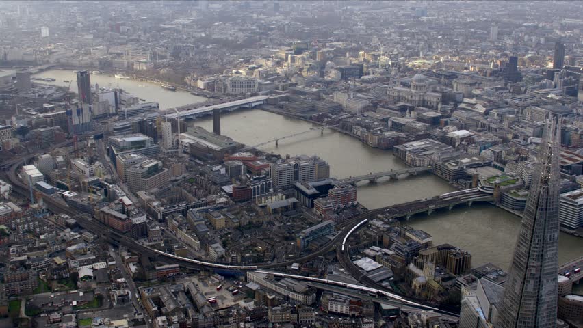 Panoramic aerial view of central London along the River Thames