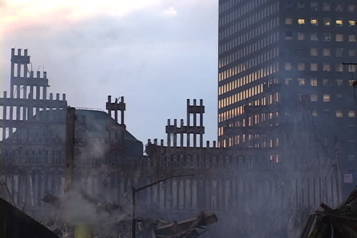 NEW YORK CITY - SEPTEMBER 28, 2001: World Trade Center remains, smoke rising from rubble.
