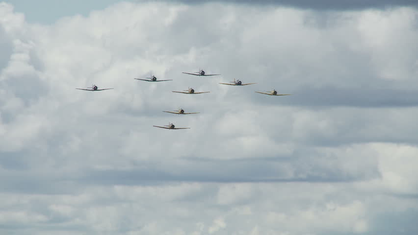 USAF T-6 Texans flying in a T-formation with Canadian Air Force Harvards, eight small training aircraft from WWII.