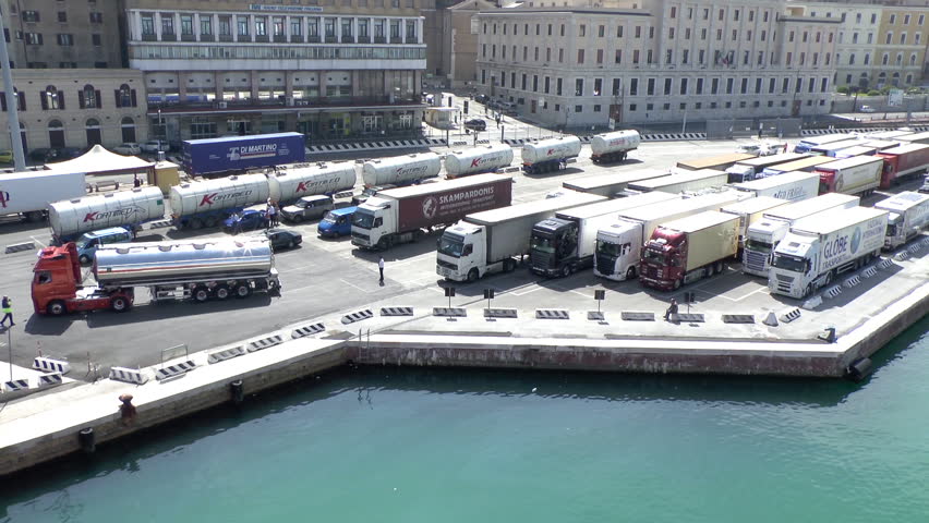 ANCONA,ITALY - APRIL 25 2013:Lorries lined up ready to board a Ferry in the port of Ancona on April 25 2013 in Ancona Italy