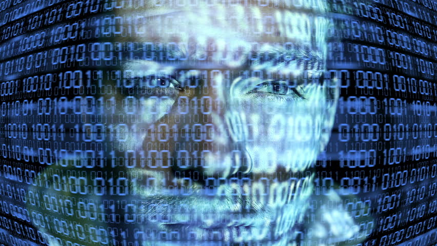 ID theft looking at the camera with binary codes reflections
