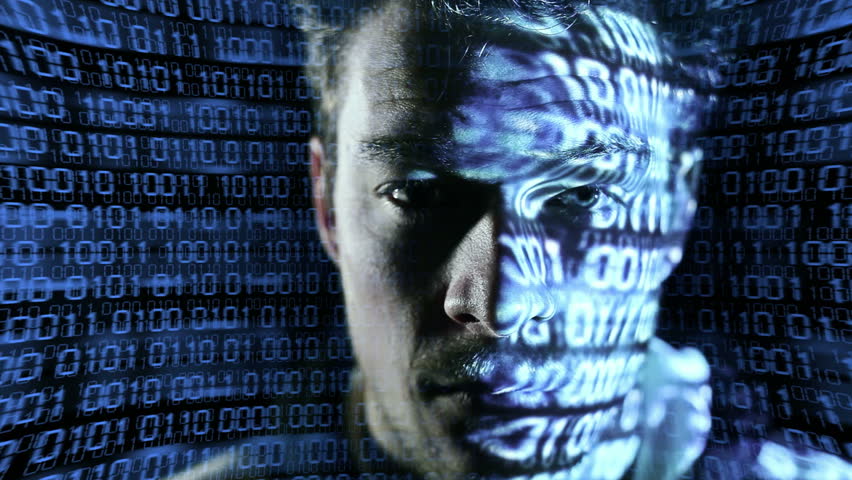 ID theft looking at the camera with binary codes reflections
