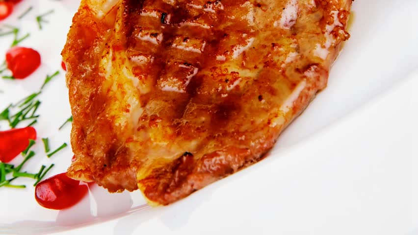 main course: grilled ribs with rice and tomatoes plate 1920x1080 intro motion slow hidef hd