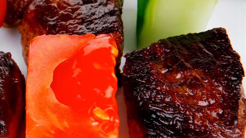 european food: roast beef meat goulash plate with tomatoes and dill 1920x1080 intro motion slow hidef hd