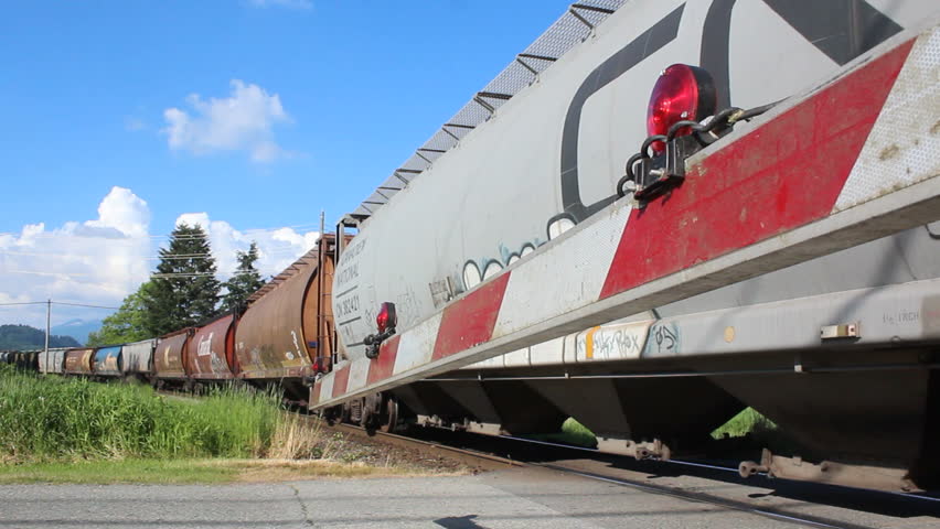 MATSQUI, BRITISH COLUMBIA - MAY 22: A Canadian National train transports cargo while the gate alerts on-coming traffic near Matsqui, BC on May 22, 2013. 