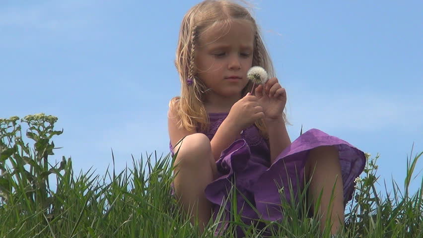 Smiling Child Playing with Dandelion Flowers in Park, Girl on Meadow, Children
