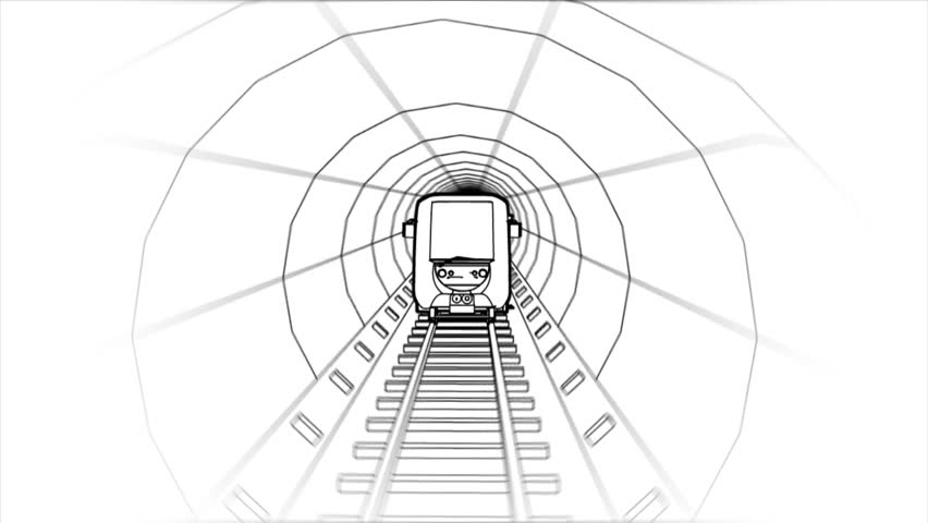 Metro, computer graphics, subway train traditional animation morphs into 3d as it travels through the tunnel. 