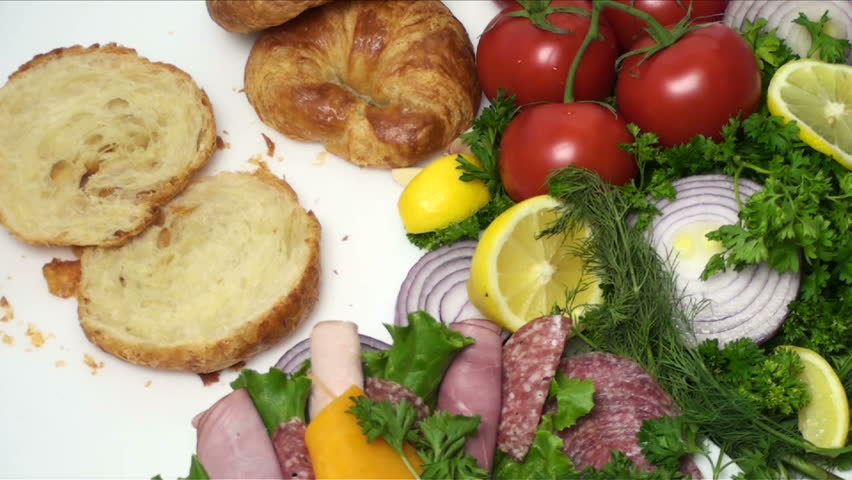 1920x1080 Chef prepares croissant ham and salami sandwich. 