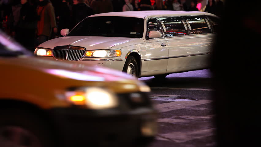 White Limousine stuck in traffic on Times Square Manhattan, New York City / HD1080 / 29.97fps