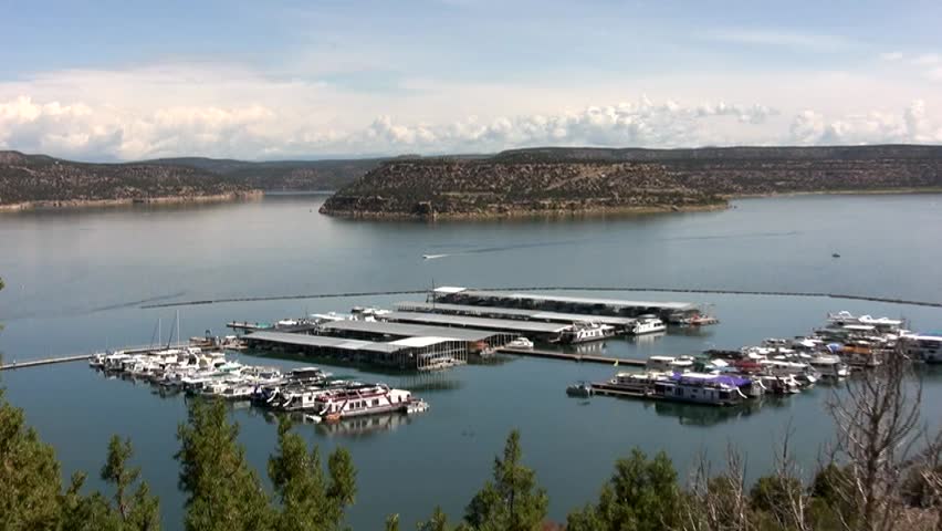 HD zoom in on the boats docked in the marina on Navajo Lake in northern New Mexico