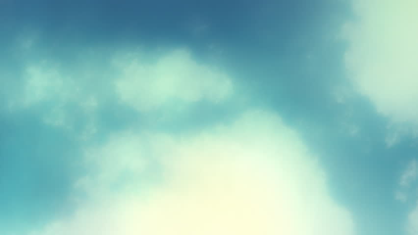 Looping animation of a blue sky with a soft slowly evolving mass of white puffy clouds.