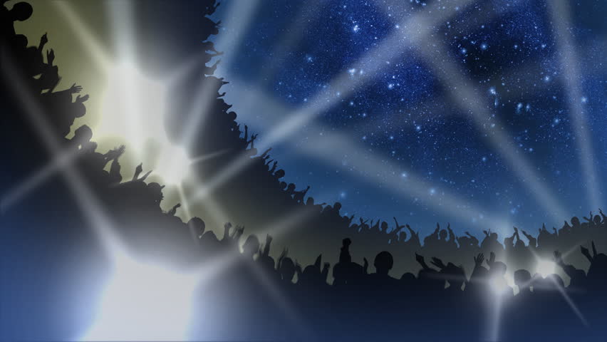 Crowd of cheering silhouettes in a packed arena under the stars