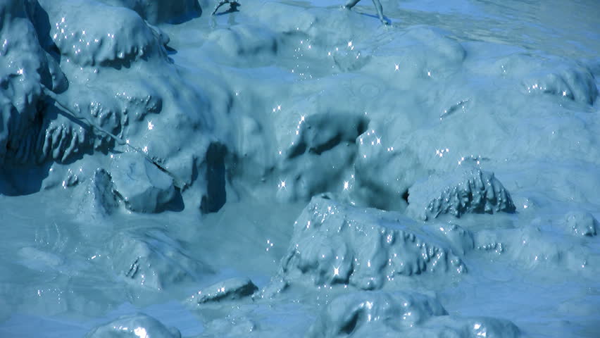 Close-up muddy bubbling volcano, Ukraine, Crimea.  Toned in blue video, HD