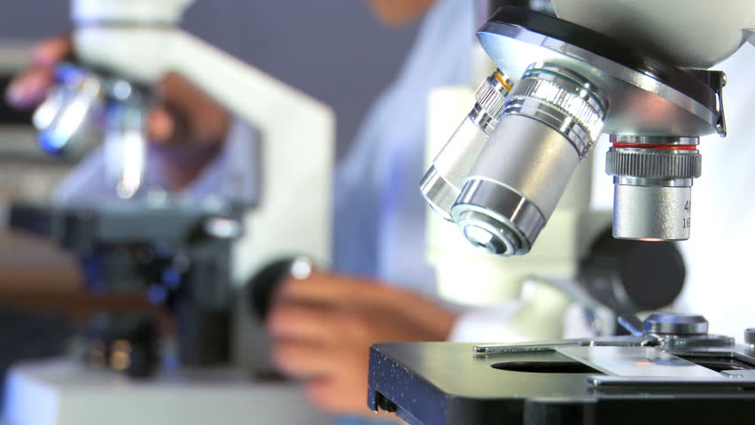 Researchers working in lab with microscope, close up