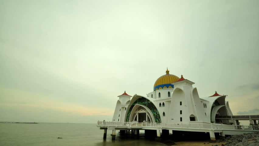 Timelapse over The Selat Melaka Mosque on September 21, 2009 at Malacca, Malaysia. 