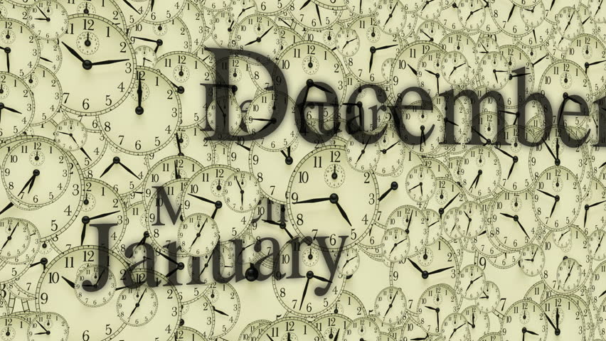 many clocks with different times and names of month, perspective, loop