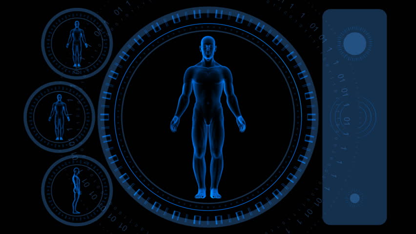 Man Scan Screen - Hi-tech 08 (HD) - 3D animation. Medical, scientific, sci-fi, crime or hi-tech background. Screen with spinning man body and rings. Alpha included. Loop.