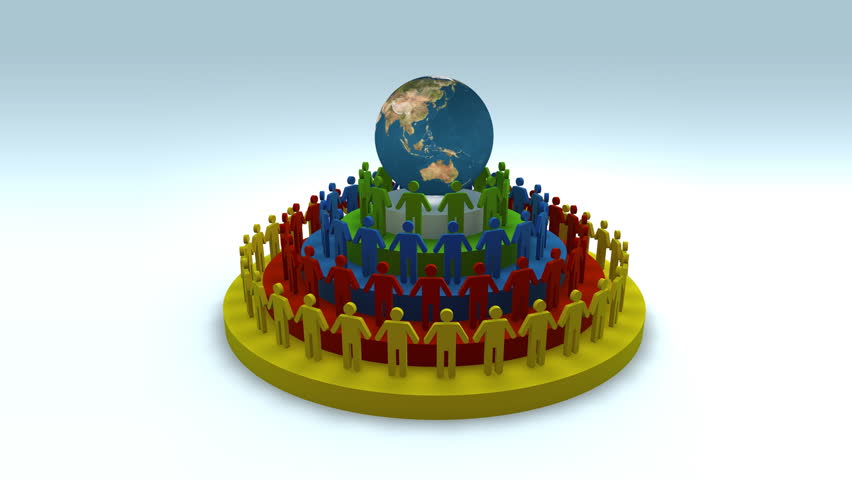 Colorful people standing on podium around planet earth / http://visibleearth.nasa.gov/ The planet texture used courtesy of Nasa - 1080p