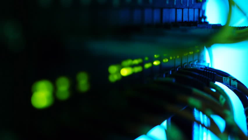 Fully loaded network media converters and Ethernet switches. Sequence of shots.