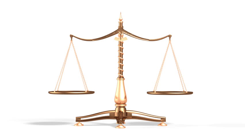 3D illustration of balancing brass weight scales isolated on white background