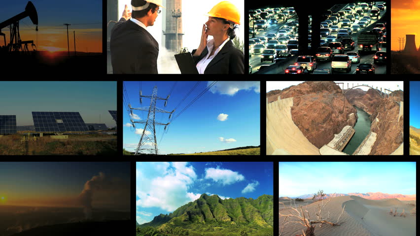 Montage collection of moving frames of environmental damage from fossil fuel pollution & clean renewable energy sources