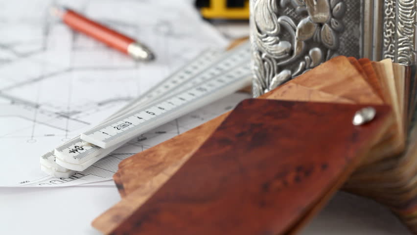 color samples of architectural materials - plastics, metric folding ruler,architectural drawings of the modern house & tape measure