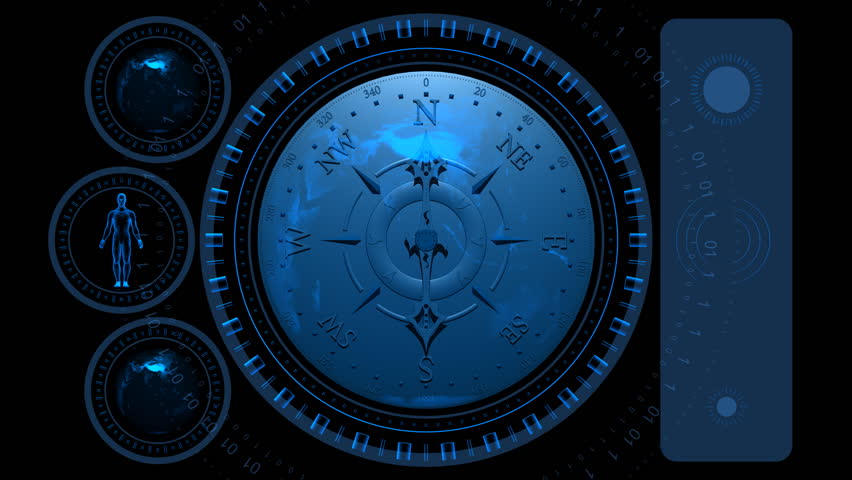 Compass Screen - Hi-tech 22 (HD) - 3D animation. Geographical, technological, scientific, crime or hi-tech background. Screen with compass and spinning Earths and man. Alpha included. Loop.
