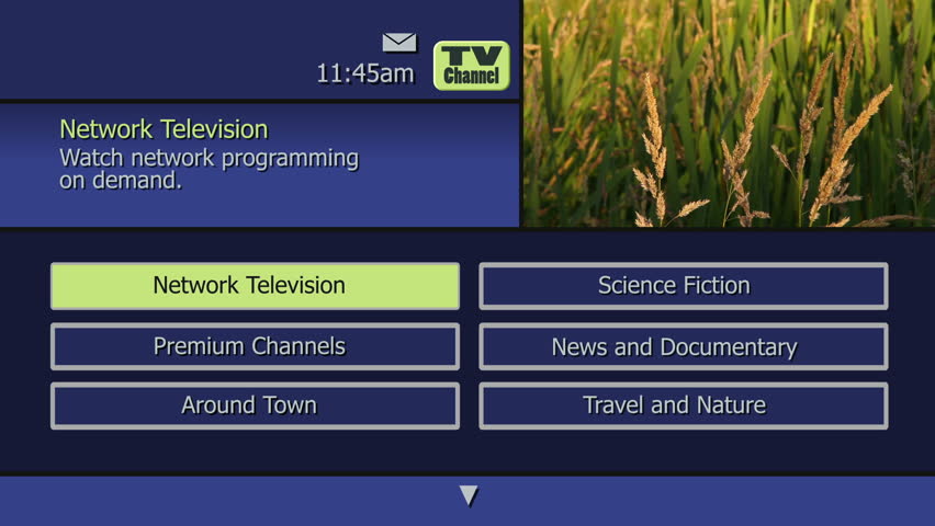 Simulation of an on-screen interactive television on demand guide menu from a cable or satellite company.  