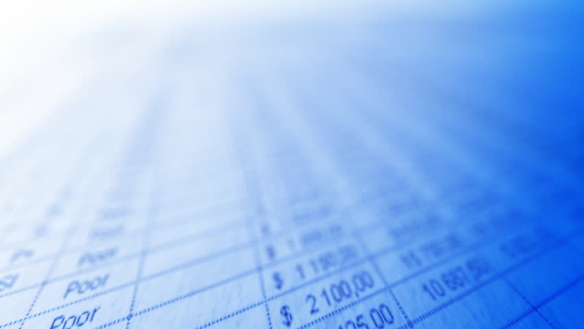 Business spreadsheet closeup with moving focal point. Shallow depth of field. Seamless loop. Readable words: Total, Potential, numbers, dollar symbols, all the rest out of focus.